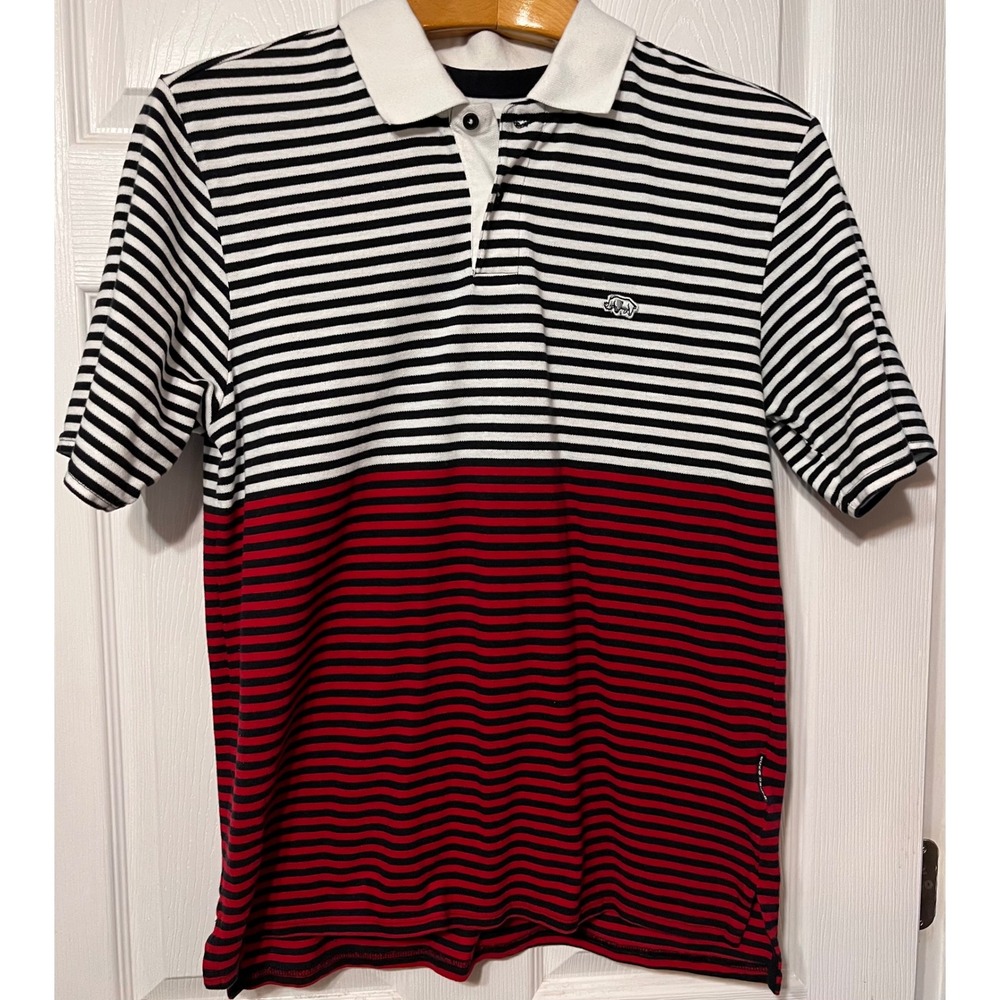 Ecko Unltd Mens L Striped Polo Shirt Large Black White Red Colorblock Rhino Logo